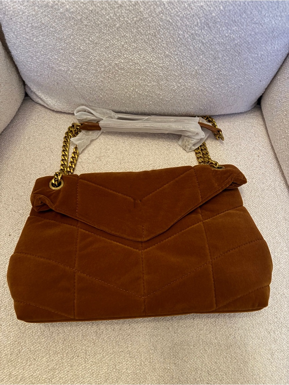 Quilted Velvet Chain Shoulder Bag - Brown